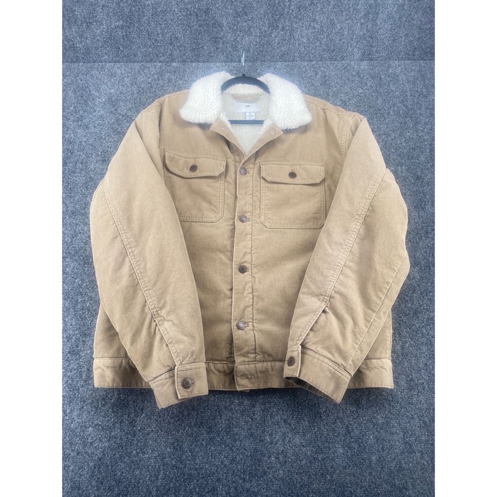 HM Corduroy Trucker Jacket Sherpa Lined Tan Beige Mens Size Large Button Up Coat